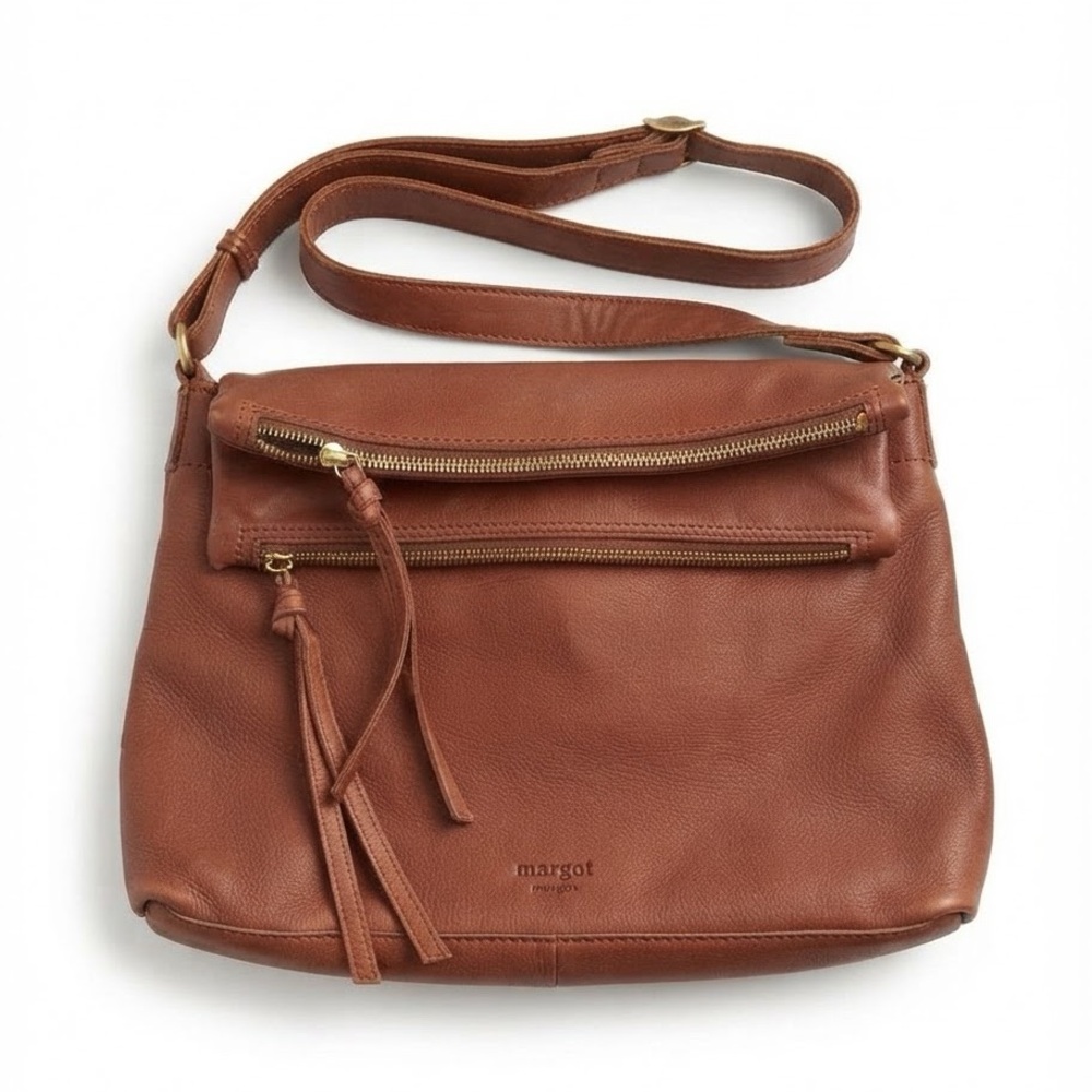 Margot New York Mickey Double Zip Crossbody Bag - Cognac Leather